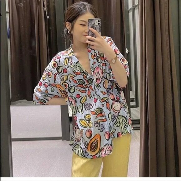 New Zara Fruit Printed Oversized Button Front Multicolored Shirt/Blouse/Top Sz S - Picture 2 of 15